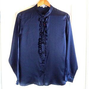 Ines De La Fressange Navy Blue Ruffle Front Silk Long Sleeve Blouse NWT